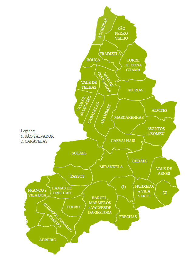 Mapa do Concelho de Mirandela com indica&ccedil;&atilde;o das Freguesias (mais informa&ccedil;&atilde;o abaixo)